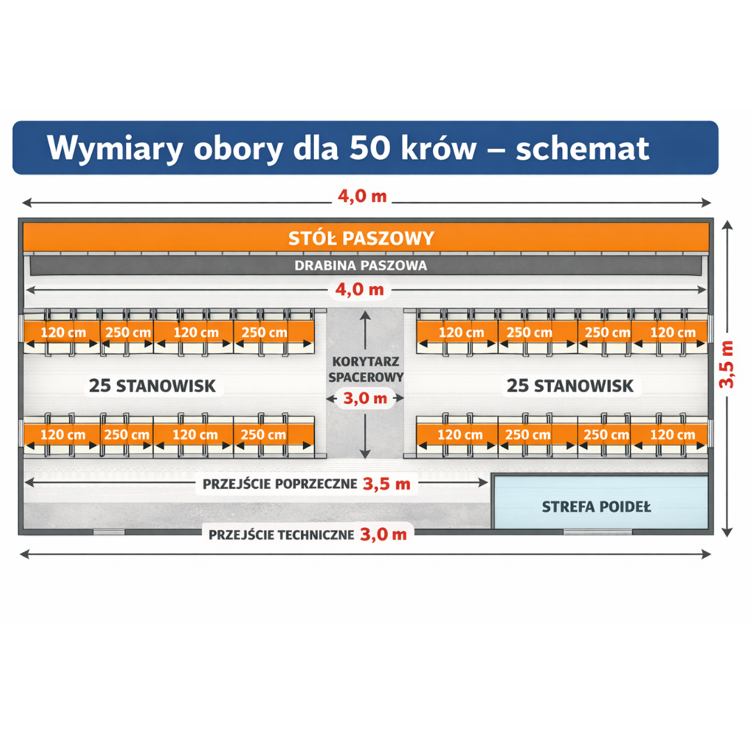 Wymiary obory dla 50 krów – schemat