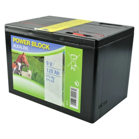 Bateria alkaiczna do elektryzatora 9 V 120 Ah marki KERBL – duża pojemność, stałe napięcie, brak rtęci i kadmu. Ekologiczne i wydajne rozwiązanie do ogrodzeń elektrycznych.