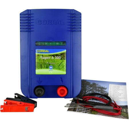 Elektryzator akumulatorowy Corral A 300 4.8 J – mocny pastuch 12V do długich ogrodzeń. Idealny dla koni i bydła, z trybem oszczędzania energii, kontrolką LED i opcją panelu słonecznego.