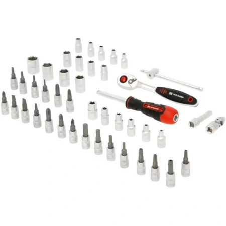 Profesjonalny zestaw kluczy nasadowych 1/4" 45 elementów KRAMP. Trwała konstrukcja, grzechotka z drobnymi zębami i ergonomiczny uchwyt. Niezbędny w każdym warsztacie!
