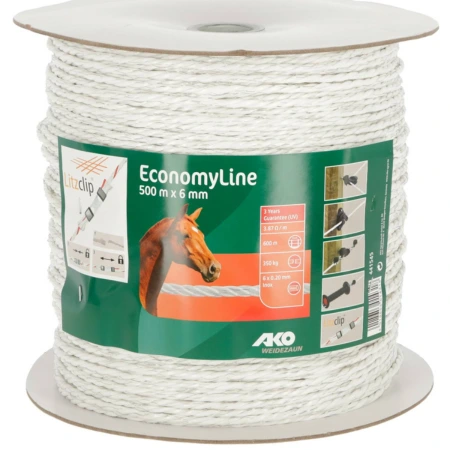 Linka ogrodzeniowa ECONOMY 500 m x 6 mm biała marki AKO – wytrzymała i odporna na warunki atmosferyczne. Idealna na wybiegi dla koni i bydła, gwarantuje bezpieczeństwo i trwałość ogrodzenia.