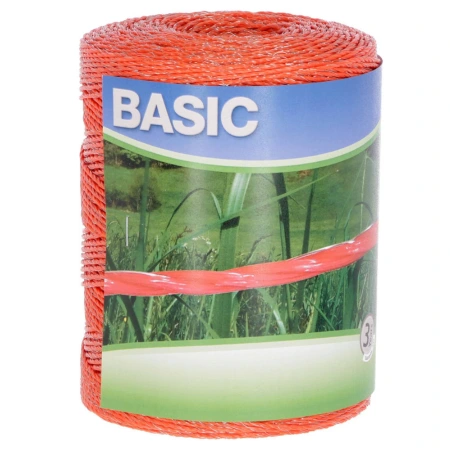 Plecionka ogrodzeniowa BASIC 500 m pomarańczowa marki KERBL – wytrzymała (60 kg), z przewodnikami nierdzewnymi 3 x 0.16 mm, odporna na UV i warunki atmosferyczne. Idealna do krótkich ogrodzeń elektrycznych.
