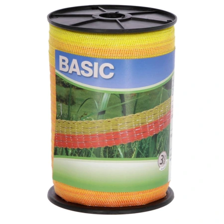 Taśma ogrodzeniowa BASIC 20 mm x 200 m Żółto-Pomarańczowa marki KERBL. Wytrzymała, z przewodnikami ze stali nierdzewnej, idealna do krótszych ogrodzeń elektrycznych.