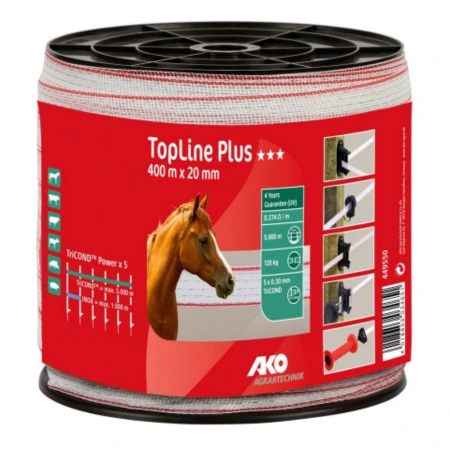 Taśma ogrodzeniowa TOP LINE 20 mm x 400 m Tricond Biało-Czerwona marki AKO. Wytrzymała, widoczna, z 5 przewodnikami Tricond, idealna do ogrodzeń elektrycznych do 5 km.