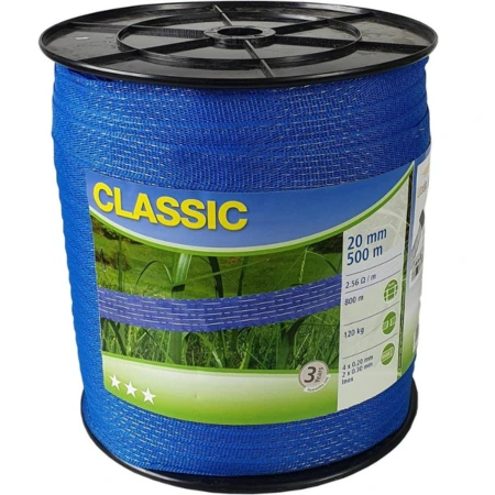 Taśma ogrodzeniowa CLASSIC 20 mm x 500 m Niebieska marki KERBL – wytrzymała, widoczna dla dzikich zwierząt, z trzyletnią gwarancją UV. Idealna do ochrony terenów i upraw.